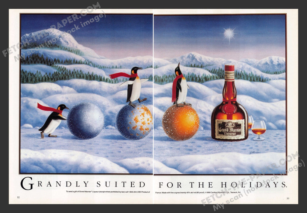 1990 Print Advertisement 2 Page Grand Marnier Liqueur Penguin Holidays Alcohol.
