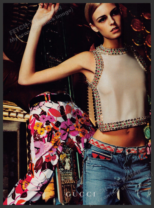 Gucci Clothing 1990s Print Advertisement Ad 1999 Low Rise Jeans Belly Fetch the Paper!