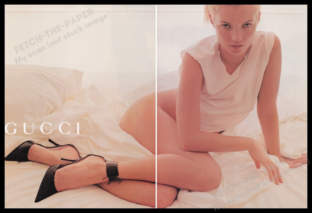 Gucci Shoes 2000s Print Advertisement (2 pages) 2001 Kate Moss Legs Bed Fetch the Paper!