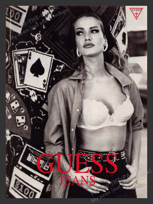 Guess 1990s Print Advertisement 1991 Karen Mulder Jeans Gambling Push Up Bra Fetch the Paper!