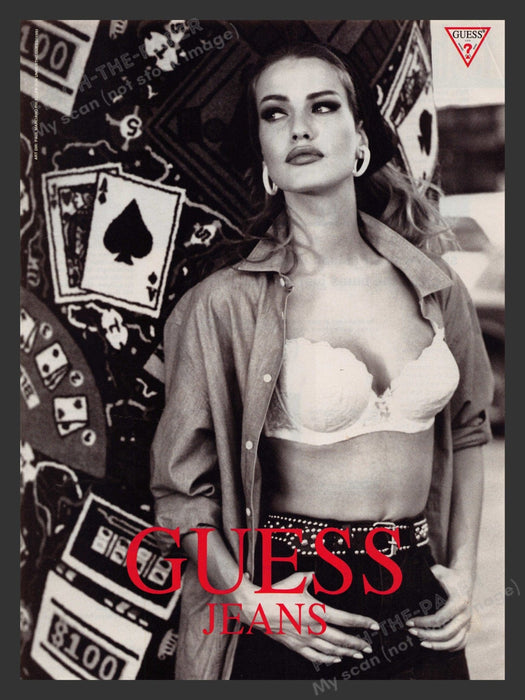 Guess 1990s Print Advertisement 1991 Karen Mulder Jeans Gambling Push Up Bra Fetch the Paper!