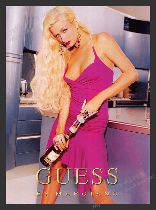 Guess 2000s Print Advertisement 2004 Paris Hilton Champagne Cork Bottle Dress Fetch the Paper!