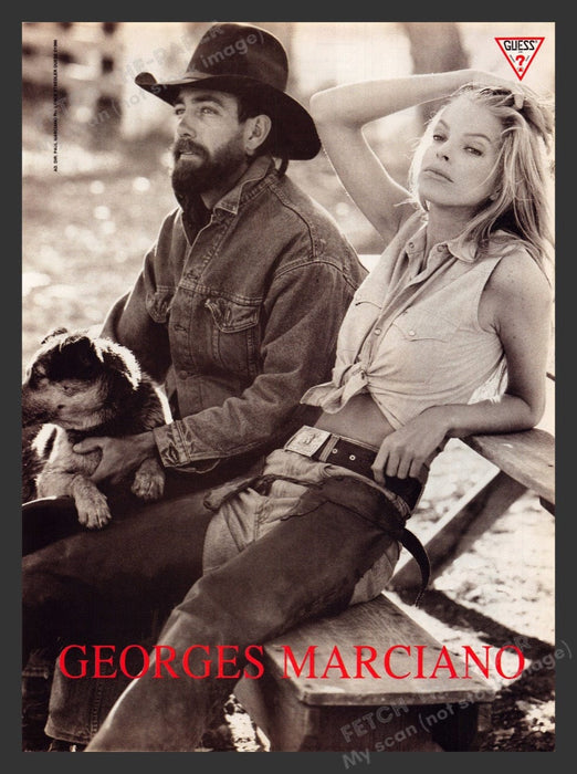 1990 Guess Cowboy & Cowgirl with Dog on Picnic Table Print Advertisement Ad