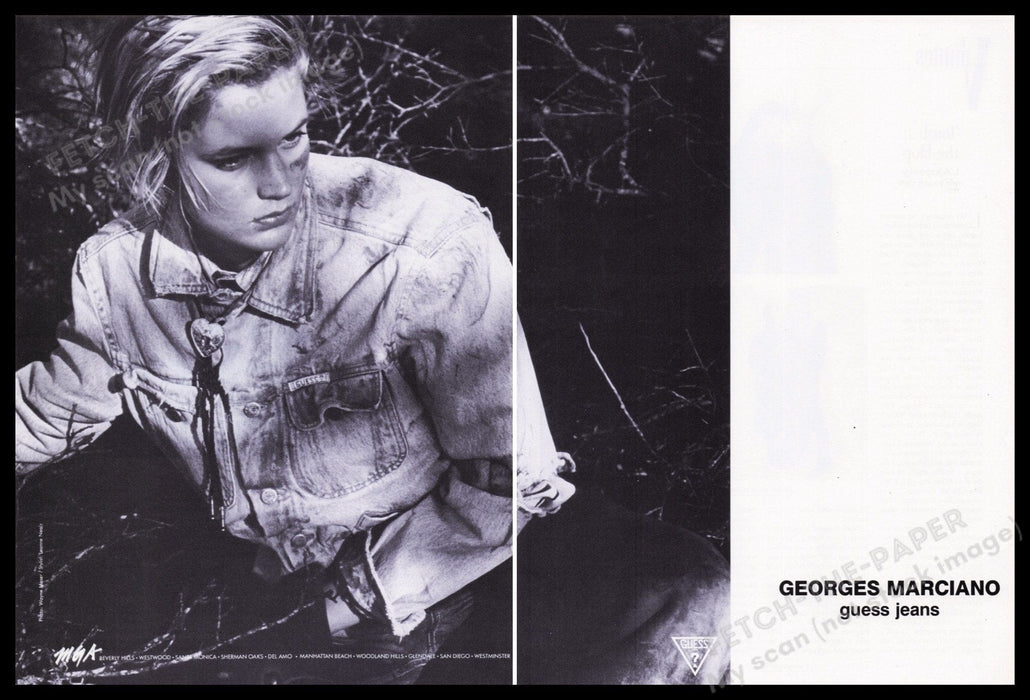 Guess Clothing Denim 1980s Print Advertisement (2 pages) 1985 Model Bolo Tie Fetch the Paper!
