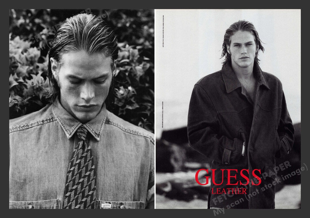 Guess Leather Sexy Male Model 1990s Print Advertisement (2 pages) 1995 Fetch the Paper!