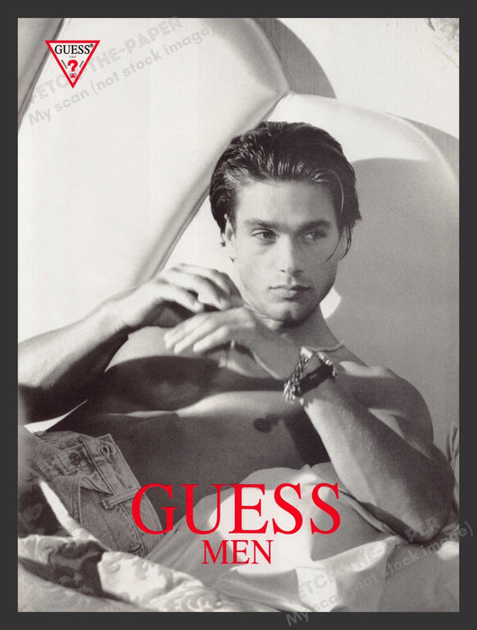 Guess Men Sexy Male Model in Bed Smoldering Eyes 1990s Print Advertisement 1993 Fetch the Paper!