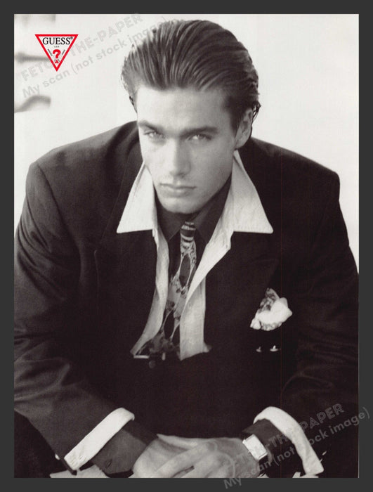Guess Men Sexy Male Model in Suit Smoldering Eyes 1990s Print Advertisement 1993 Fetch the Paper!