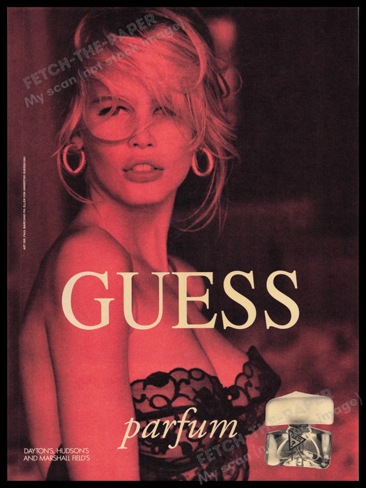 Guess Perfume 1990s Print Advertisement Ad 1991 Claudia Schiffer Sexy Red Fetch the Paper!