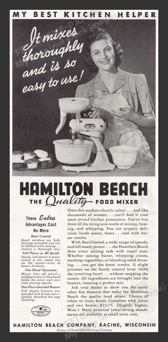 1940 Hamilton Beach Food Mixer Bowl Control Print Advertisement Ad