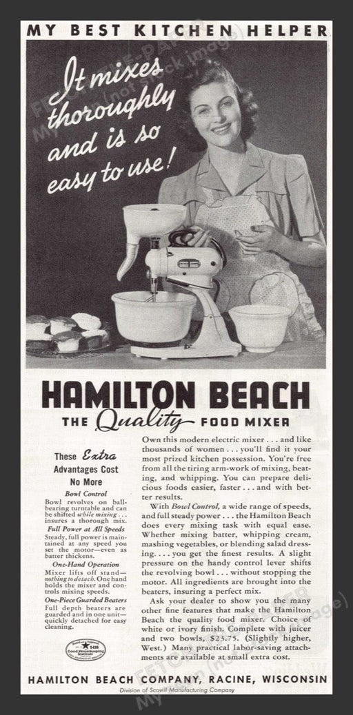1940 Hamilton Beach Food Mixer Bowl Control Print Advertisement Ad