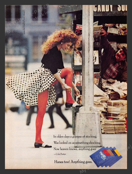 1987 Hanes Too! Colored Pantyhose Legs City Street Vendor Print Advertisement Ad