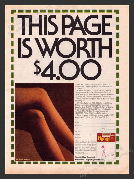 1980 Hanes Alive Pantyhose LARGE Coupon Print Advertisement Ad