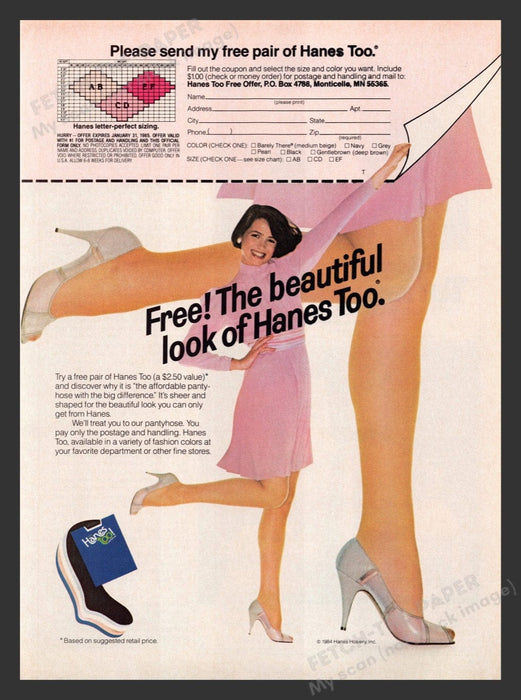 1984 Hanes Too! Hosiery Pantyhose Sexy Legs Print Advertisement Ad