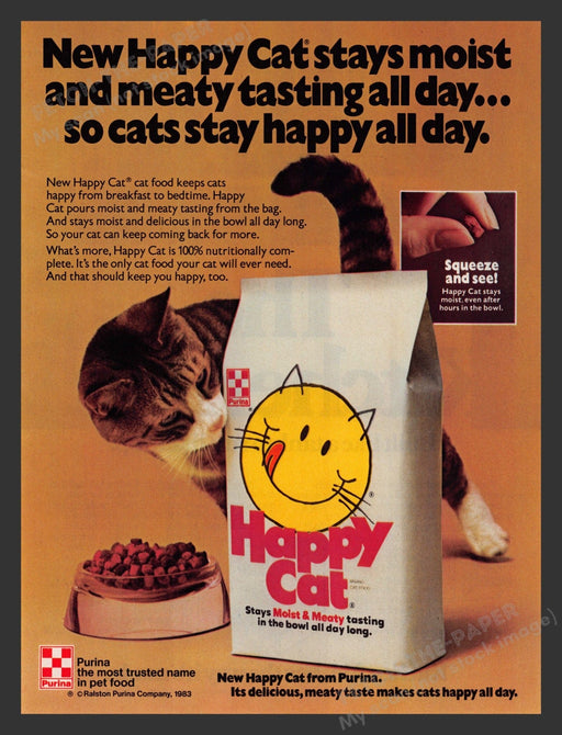 Happy Cat 1980s Print Advertisement Ad 1983 Food Purina Fetch the Paper!