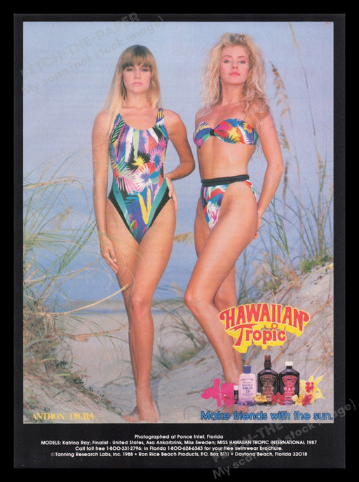 Hawaiian Tropic 1980s Print Advertisement Ad 1988 Swim Suits Beach Models Fetch the Paper!