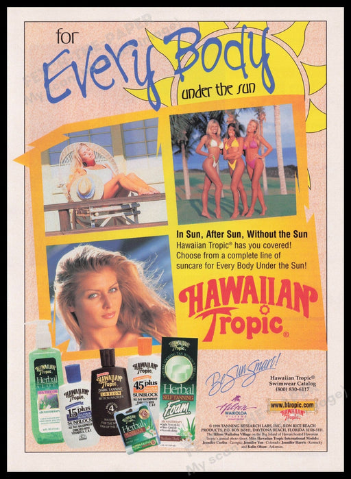 Hawaiian Tropic 1990s Print Advertisement Ad 1998 Sexy Bikini Models Sun Tanning Fetch the Paper!