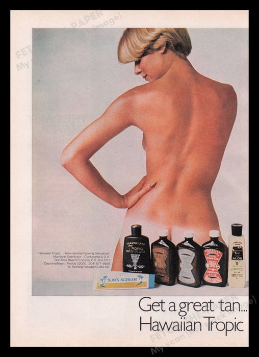 Hawaiian Tropic Tanning 1970s Print Advertisement Ad 1977 Naked Back Skin Fetch the Paper!