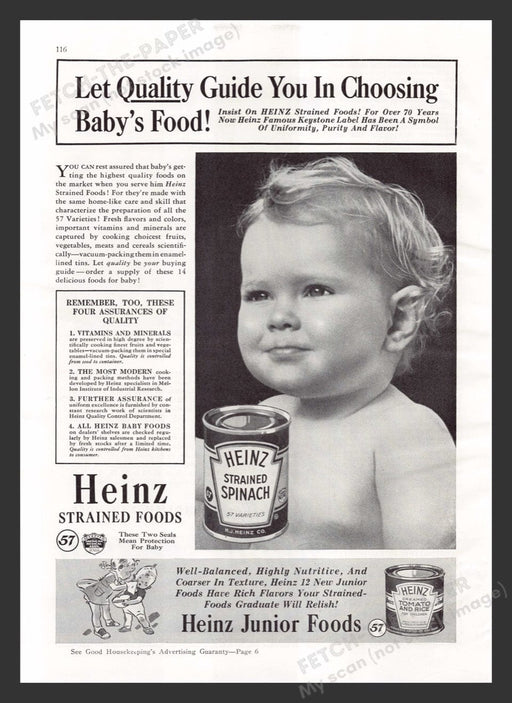1940 Heinz Strained Spinach Junior Baby Food Print Advertisement Ad