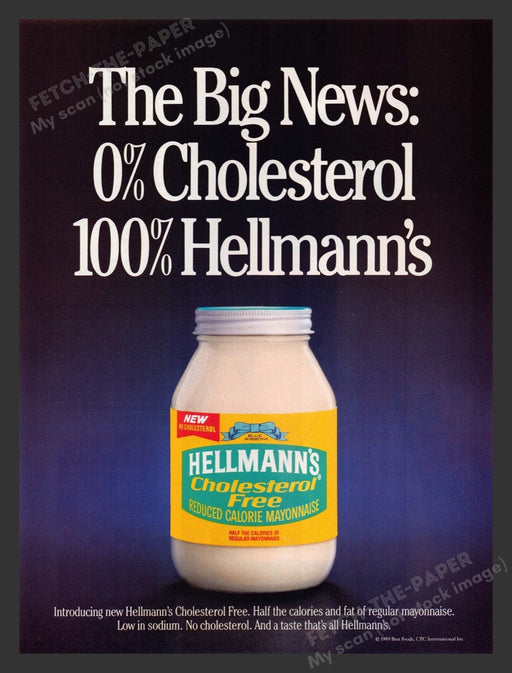 1989 Hellmann's Cholesterol Free Mayonnaise Jar Print Advertisement Ad