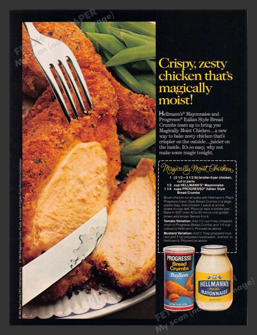 1984 Hellmann's Mayo & Progresso Crumbs "Magically Moist Chicken" Recip Print Ad