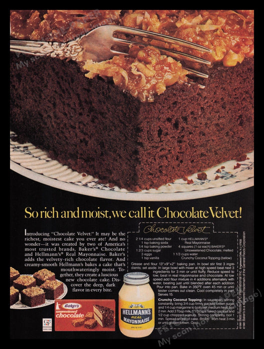 Hellmann's Mayonnaise 1980s Print Advertisement Ad 1981 Chocolate Velvet Recipe Fetch the Paper!