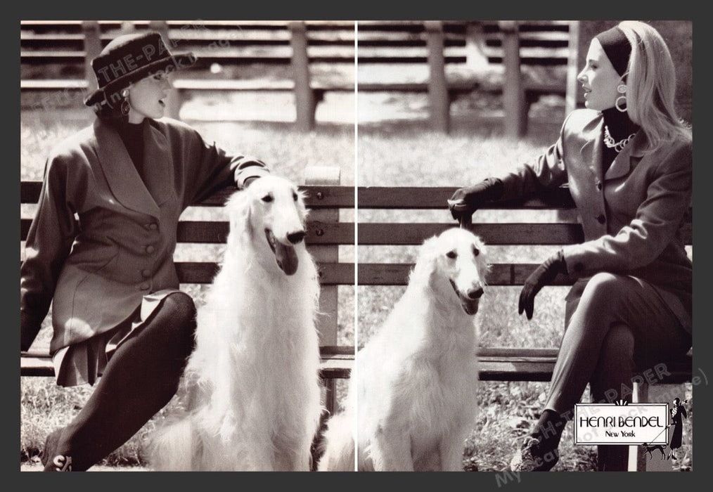 1990 Henri Bendel New York Borzoi Dogs Park Bench Print Advertisement (2 Pages)