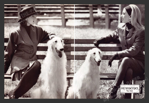 1990 Henri Bendel New York Borzoi Dogs Park Bench Print Advertisement (2 Pages)