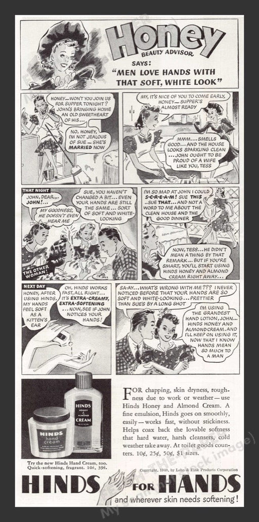 1940 Hinds Hand Cream Honey Comic / Cartoon Print Advertisement Ad