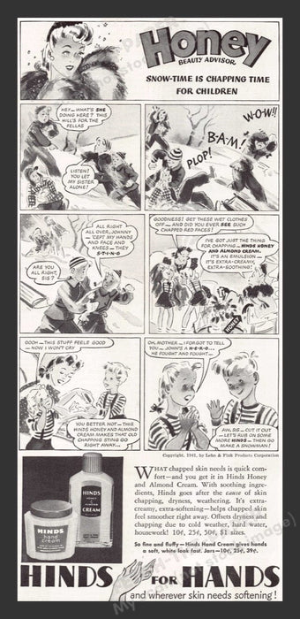 1941 Hinds Hand Cream Honey Beauty Advisor Cartoon Print Advertisement Ad
