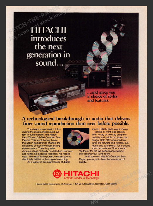 Hitachi DA-1000 and DA-800 CD Players 1980s Print Advertisement Ad 1983 Fetch the Paper!