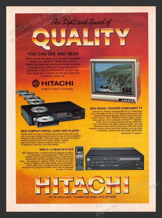 1984 Hitachi Electronics Hi-Fi VCR, CD Player, Component Print Advertisement Ad