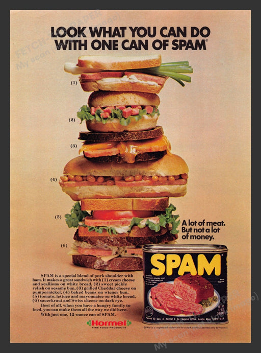 Hormel 1970s Print Advertisement 1976 Spam Sandwich Stacked Meat Can Promo Fetch the Paper!