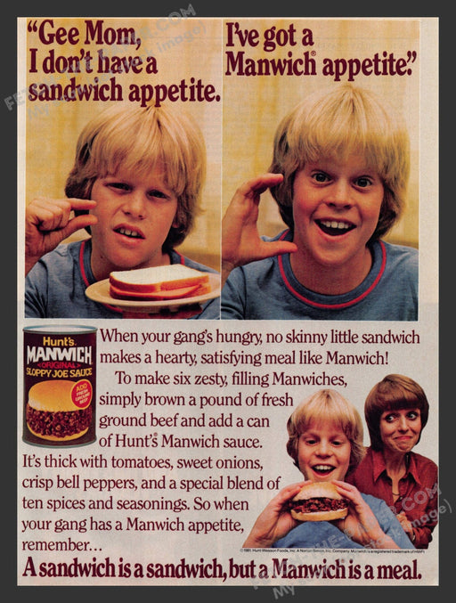 1983 Print Advertisement Hunt's Manwich Sloppy Joe Sauce Food Ad.