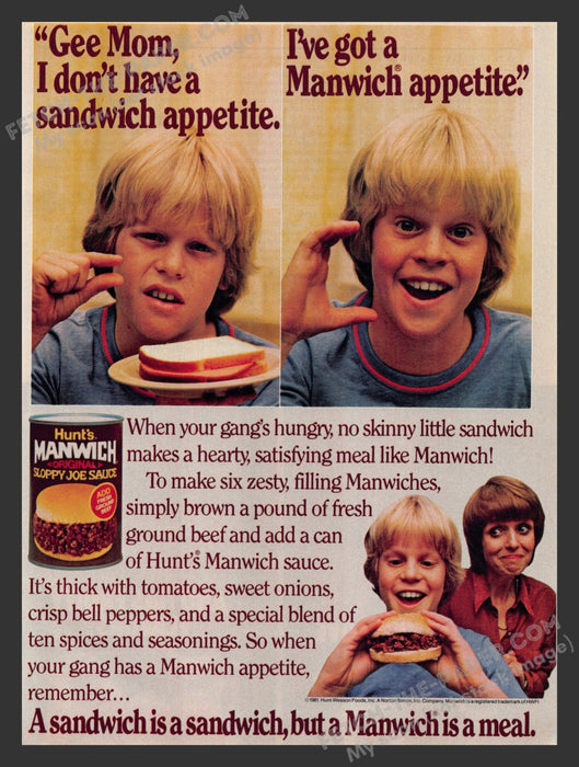 1983 Print Advertisement Hunt's Manwich Sloppy Joe Sauce Food Ad.