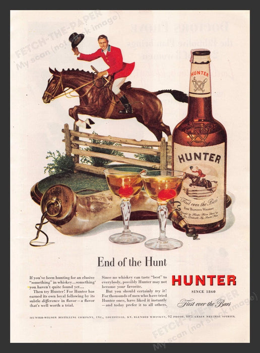 1948 Hunter Fine Blended Whisky Fox Hunt Horse Jumping Print Advertisement Ad