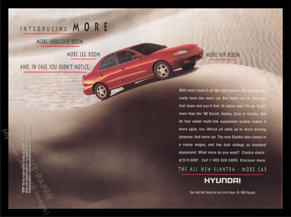 Hyundai Elantra 1990s Print Advertisement Ad 1996 More Hip Room Body Curves Fetch the Paper!
