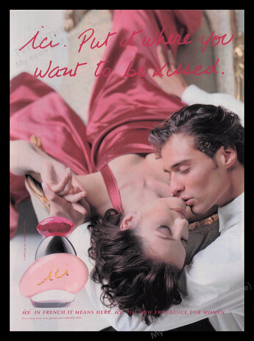 Ici 1990's Print Advertisement Ad 1995 Fragrance Kissing Couple Seductive Fetch the Paper!