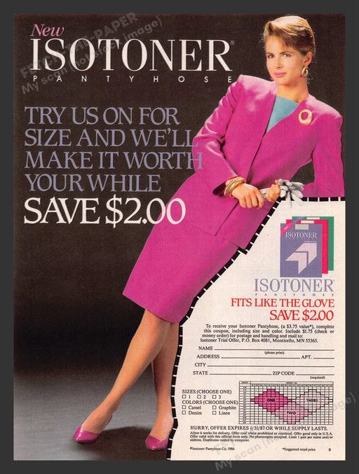 1986 Isotoner Pantyhose Power Suit Woman Print Advertisement Ad