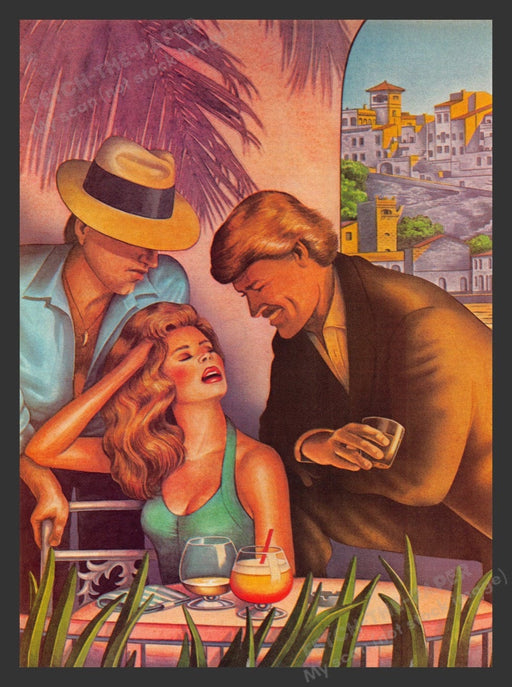1984 Italian Woman w/ 2 Men Tropical Setting Magazine Illustration