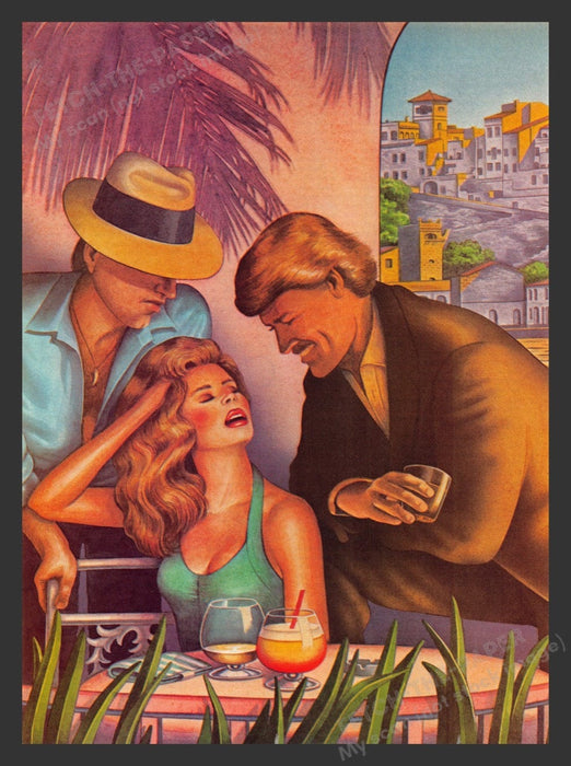 1984 Italian Woman w/ 2 Men Tropical Setting Magazine Illustration