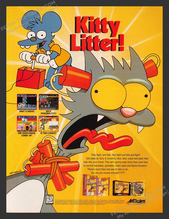 1990s Print Advertisement Itchy & Scratchy Kitty Litter! Video Game Ad.