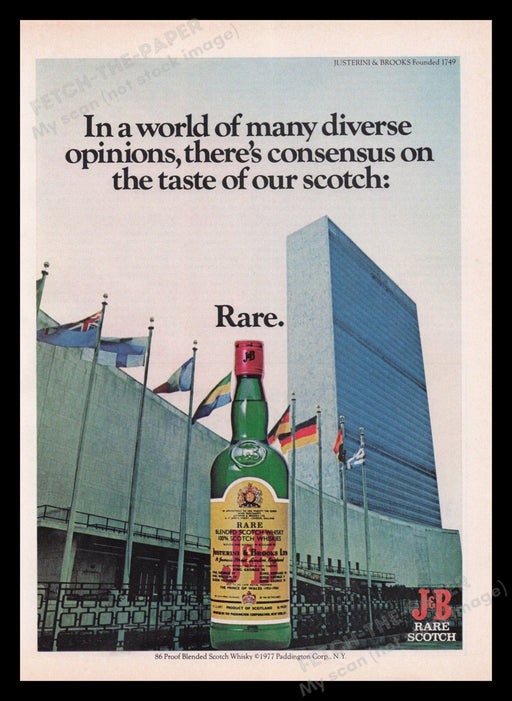 J&B Scotch 1970s Print Advertisement Ad 1977 United Nations Headquarters Fetch the Paper!