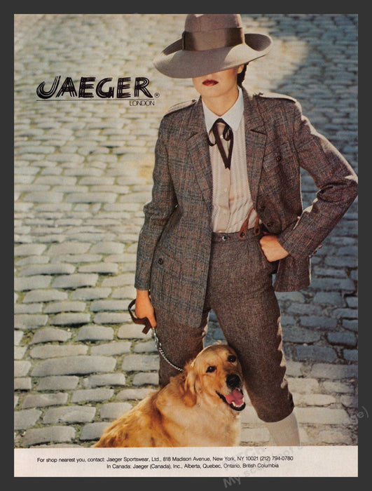 Jaeger London Model Golden Retriever Dog 1980s Print Advertisement 1981 Fetch the Paper!
