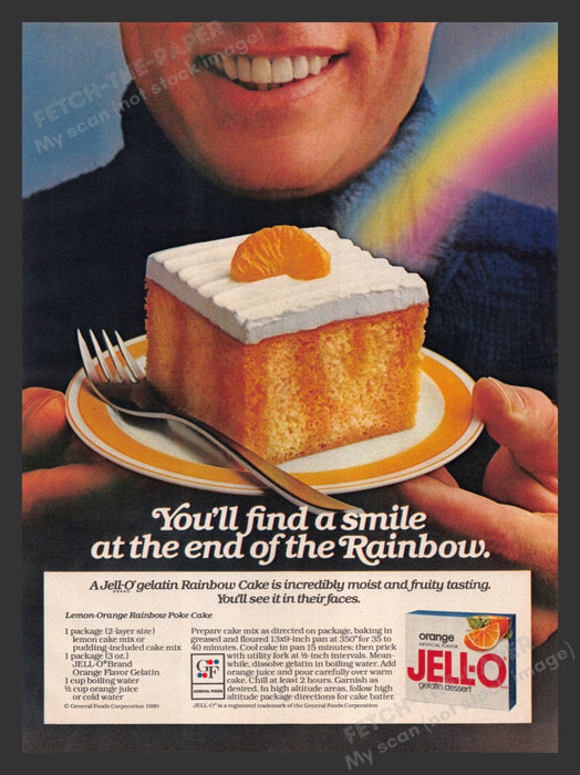 1980 Jell-O "Lemon-Orange Rainbow Poke Cake" Recipe Print Advertisement Ad