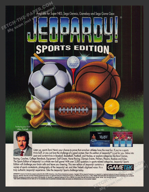 1994 Print Advertisement Jeopardy Sports Edition Alex Trebek Famous Video Game Ad.