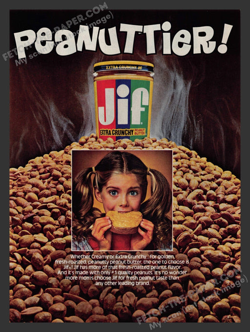 1984 Print Advertisement Jif Extra Crunchy Peanut Butter Girl Pigtails Ad.