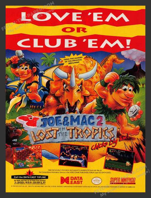 1994 Print Advertisement Joe & Mac 2 Lost in the Tropics Video Game Ad.