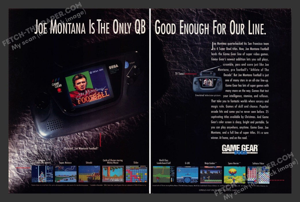 Joe Montana Football Video Game 1990s Print Advertisement Ad Sega Game Gear Fetch the Paper!
