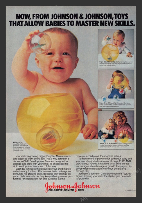 1983 Johnson & Johnson Child Development Balls in a Bowl Toy Print Advertisement