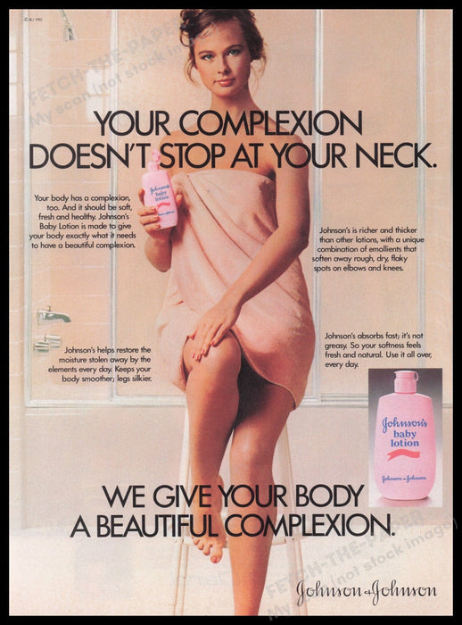 Johnson's Baby Lotion 1980s Print Advertisement Ad 1982 Girl in Towel Legs Fetch the Paper!
